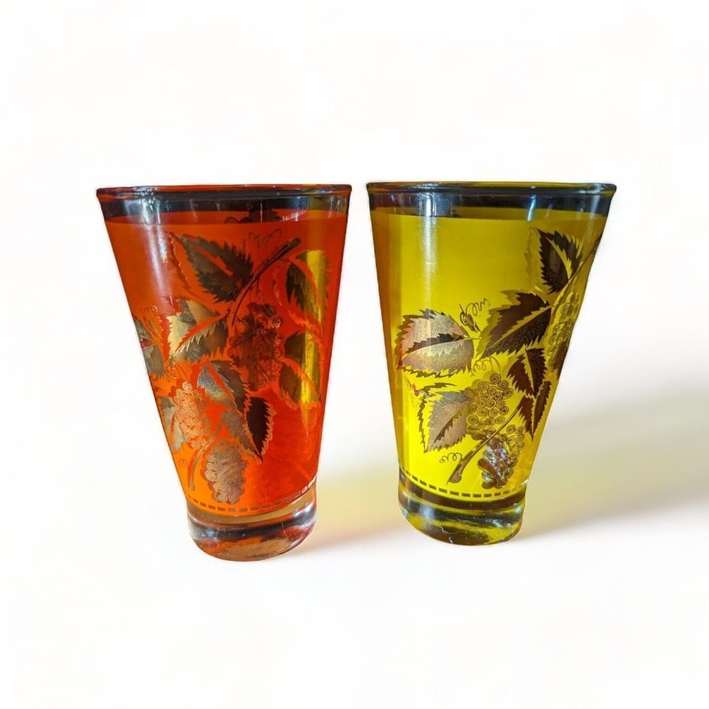 Vintage 2 MCM Frosted Orange and Yellow Glasses Gold Leaves Grapes